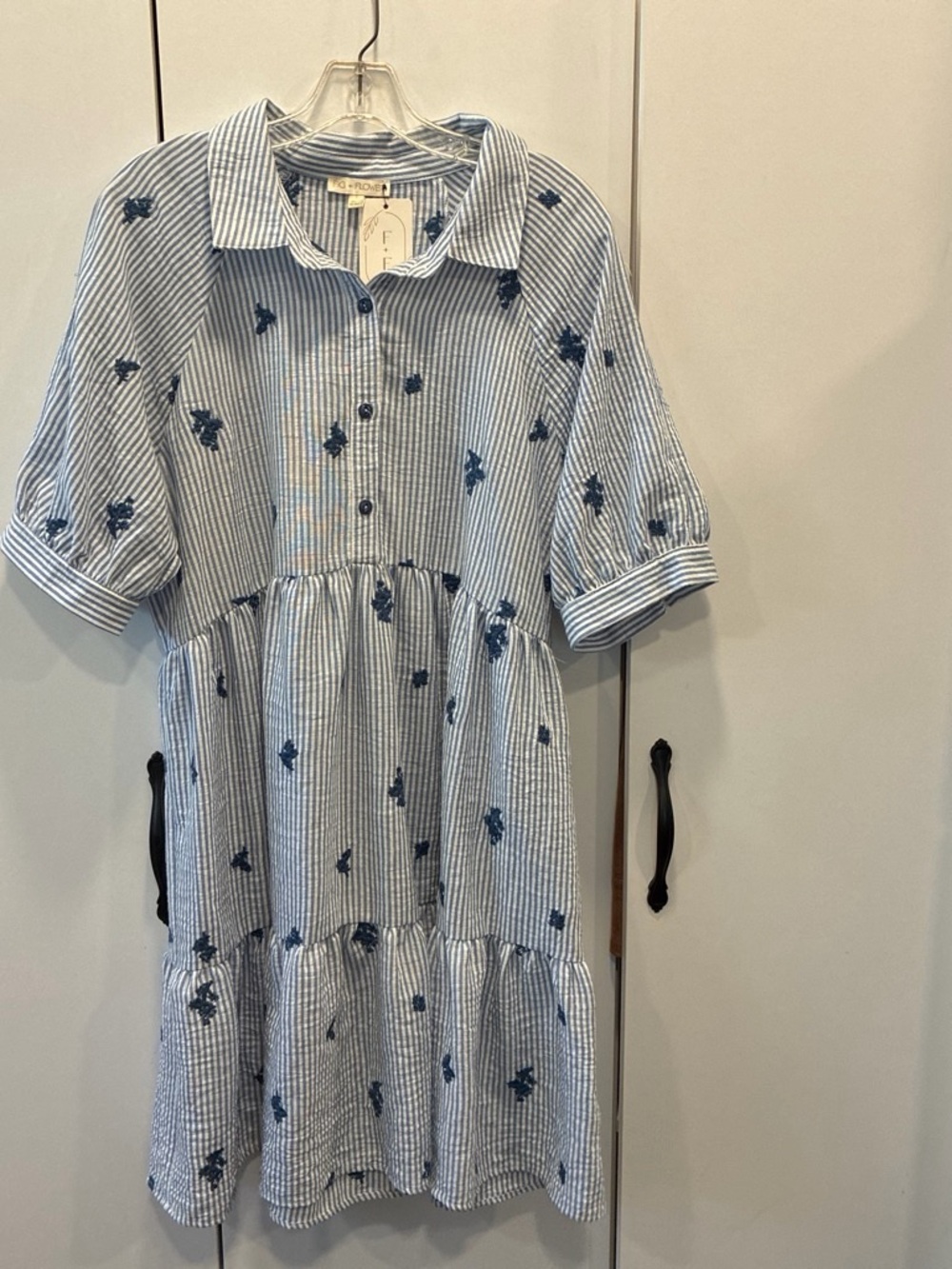 Light Blue Striped wimensButton-Front Dress with Navy Floral Motif grandmacore